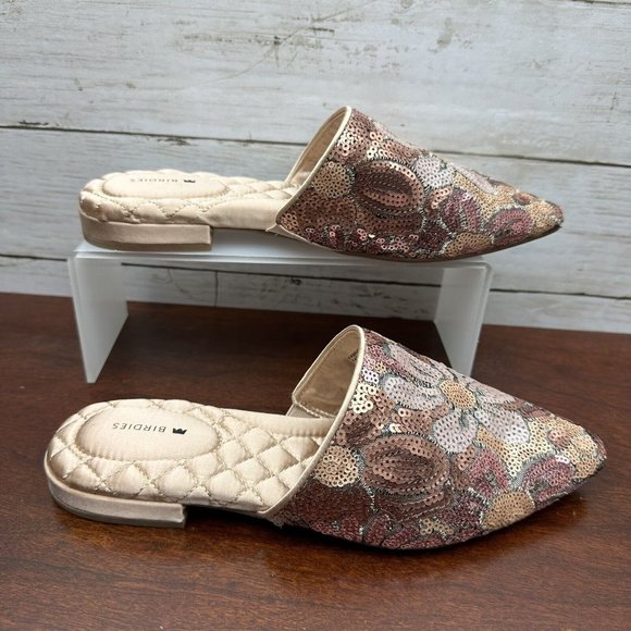 Birdies The Dove Women's Floral Sequins Slip On Slippers Size 7 Pink Metallic - Picture 1 of 9